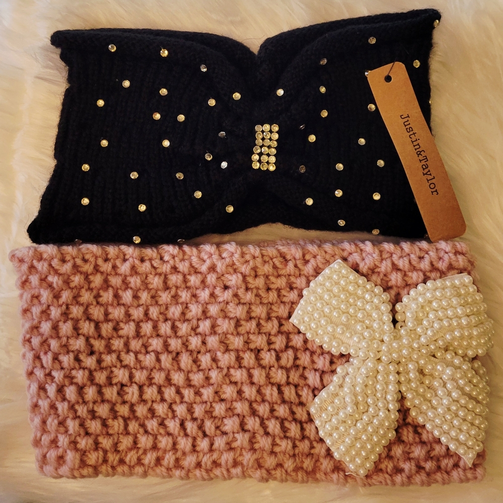 Black and Pink Knit Headbands with Pearl Accents